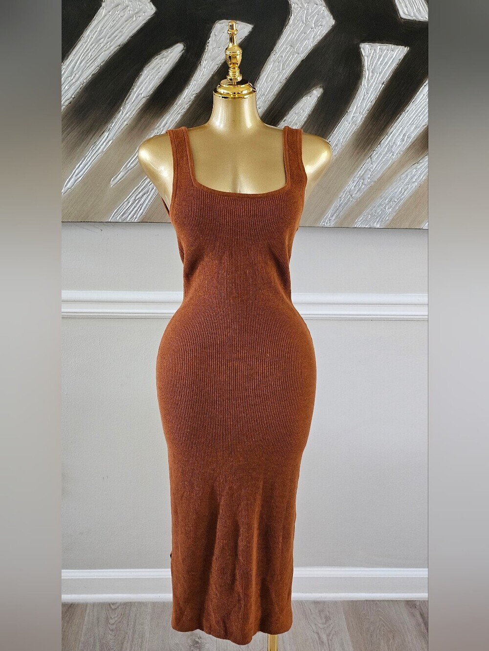 H&M Rust Brown Ribbed Knit Bodycon Midi Dress XS